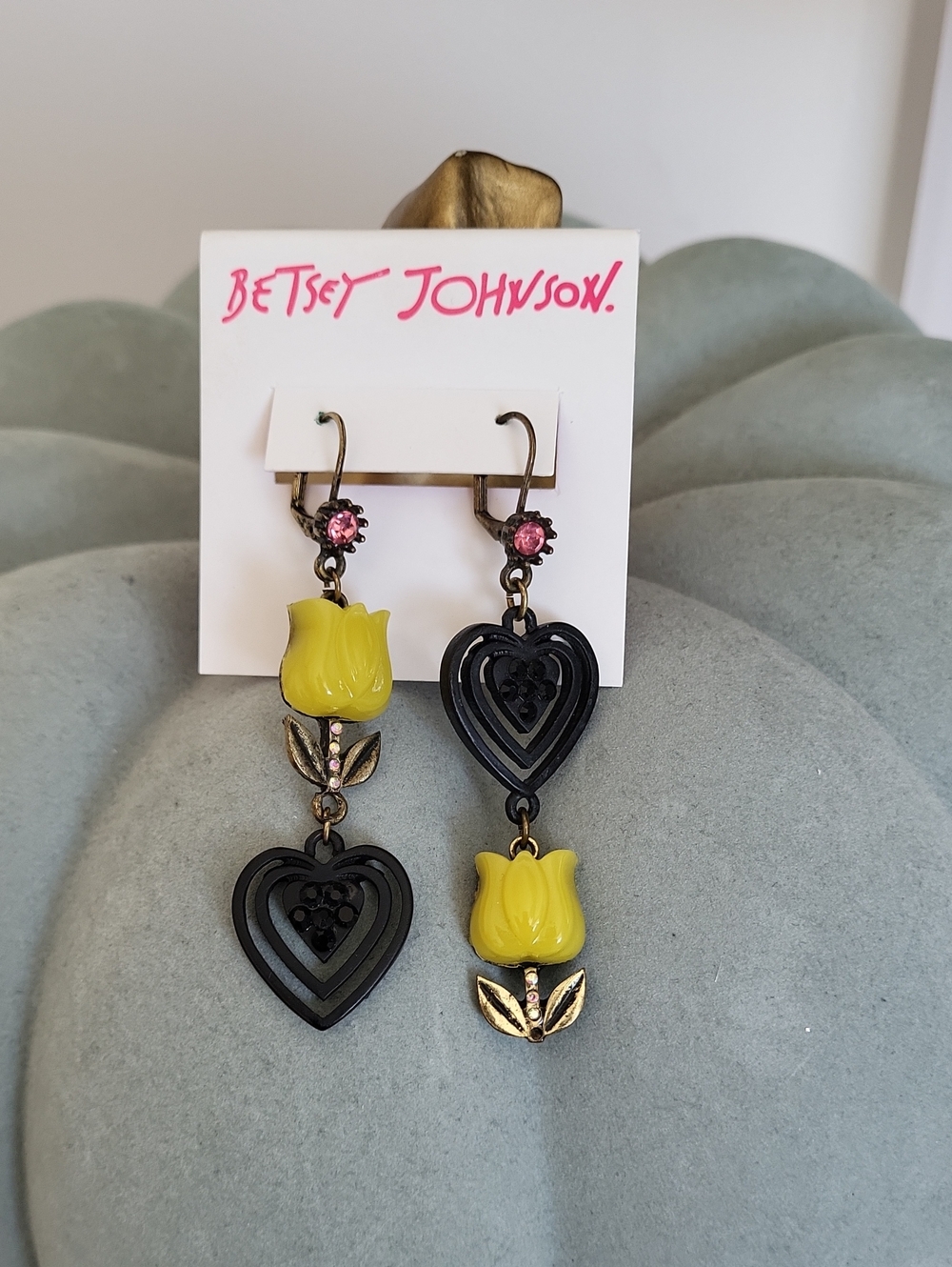 Betsey Johnson Yellow Tulip and Black Heart Drop Earrings with Pink Crystals